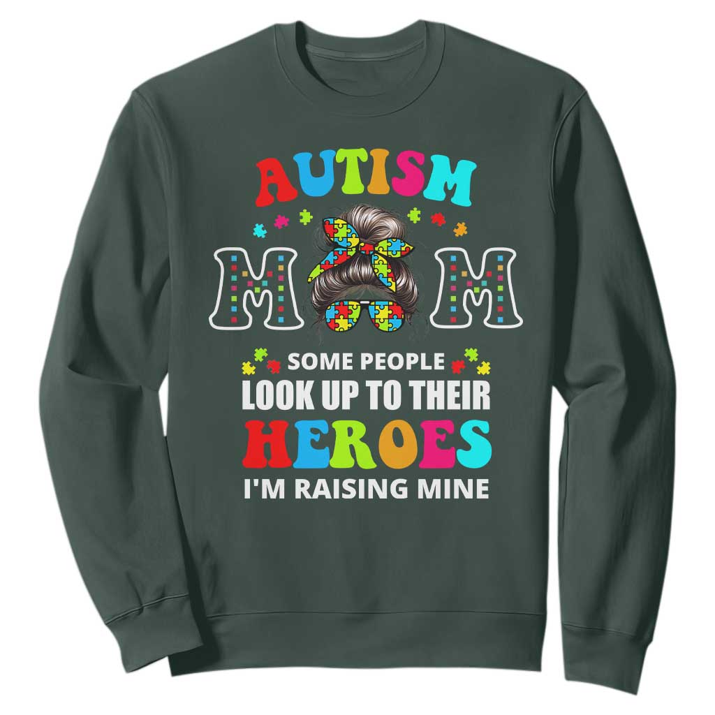 Autism Mom Sweatshirt Raising Hero Messy Bun Autism Awareness TS10 Dark Forest Green Print Your Wear