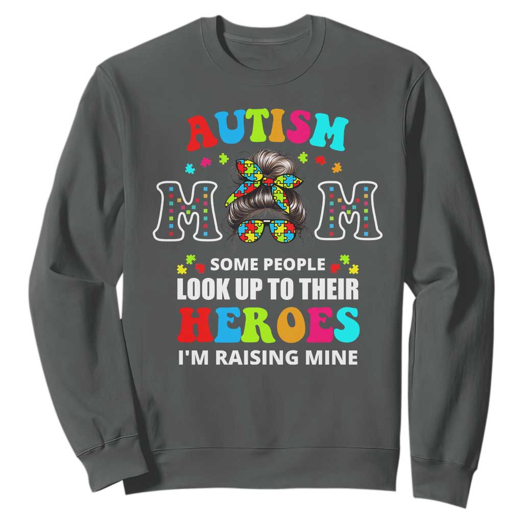 Autism Mom Sweatshirt Raising Hero Messy Bun Autism Awareness TS10 Dark Heather Print Your Wear