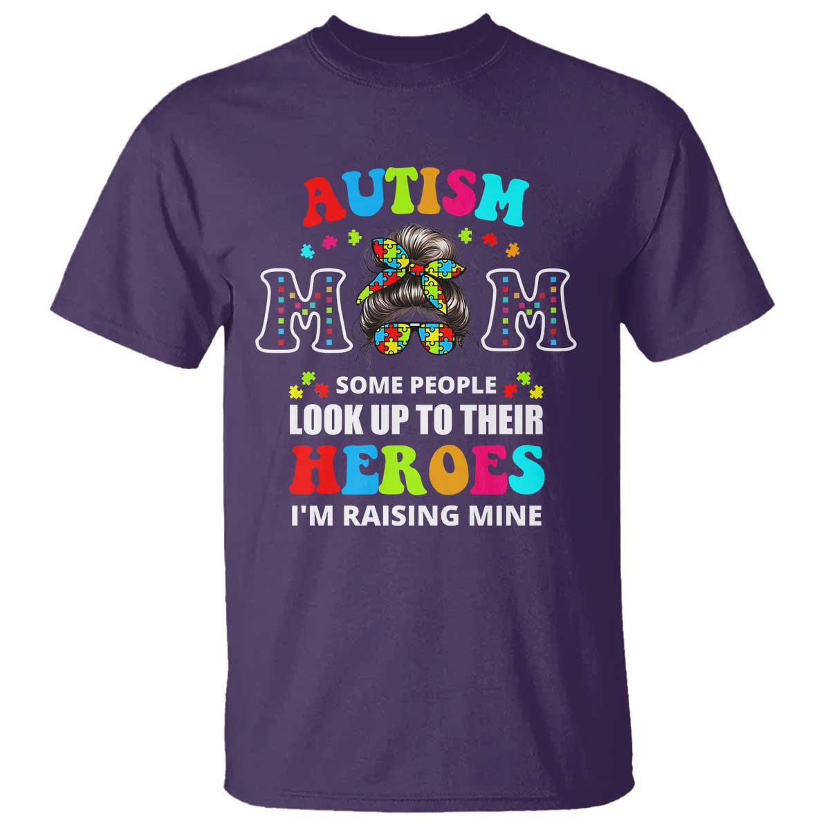 Autism Mom T Shirt Raising Hero Messy Bun Autism Awareness TS10 Purple Print Your Wear
