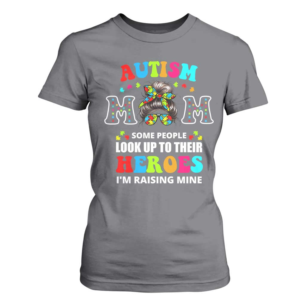 Autism Mom T Shirt For Women Raising Hero Messy Bun Autism Awareness TS10 Charcoal Print Your Wear