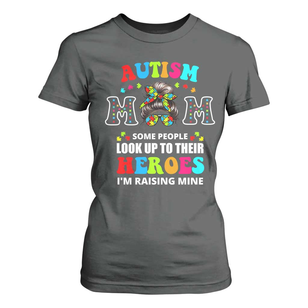 Autism Mom T Shirt For Women Raising Hero Messy Bun Autism Awareness TS10 Dark Heather Print Your Wear