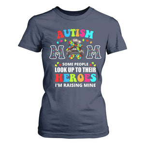 Autism Mom T Shirt For Women Raising Hero Messy Bun Autism Awareness TS10 Navy Print Your Wear