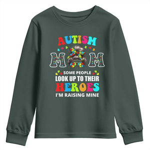 Autism Mom Youth Sweatshirt Raising Hero Messy Bun Autism Awareness TS10 Dark Forest Green Print Your Wear