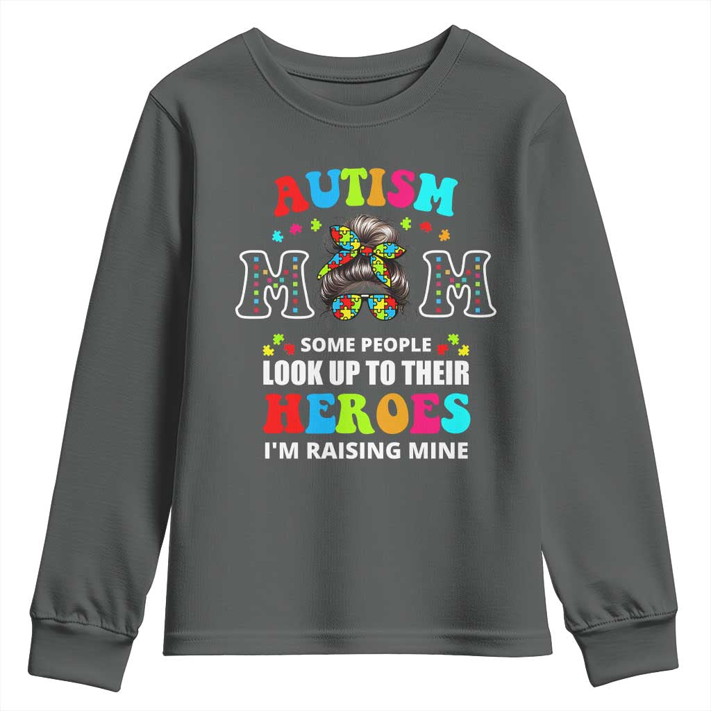 Autism Mom Youth Sweatshirt Raising Hero Messy Bun Autism Awareness TS10 Dark Heather Print Your Wear