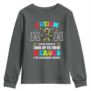 Autism Mom Youth Sweatshirt Raising Hero Messy Bun Autism Awareness TS10 Dark Heather Print Your Wear