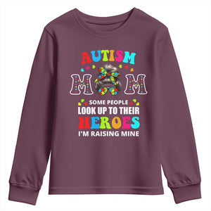 Autism Mom Youth Sweatshirt Raising Hero Messy Bun Autism Awareness TS10 Maroon Print Your Wear