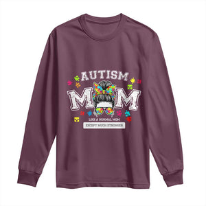 Autism Mom Long Sleeve Shirt Much Stronger Messy Bun ASD Autism Awareness TS10 Maroon Print Your Wear