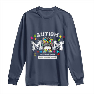 Autism Mom Long Sleeve Shirt Much Stronger Messy Bun ASD Autism Awareness TS10 Navy Print Your Wear