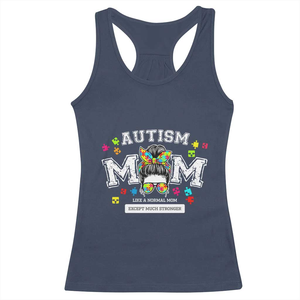 Autism Mom Racerback Tank Top Much Stronger Messy Bun ASD Autism Awareness TS10 Navy Print Your Wear