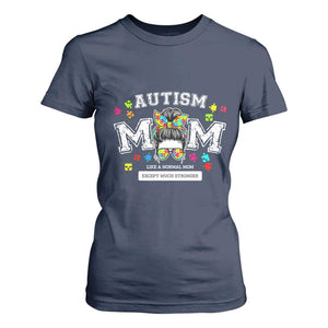 Autism Mom T Shirt For Women Much Stronger Messy Bun ASD Autism Awareness TS10 Navy Print Your Wear