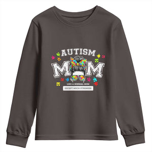 Autism Mom Youth Sweatshirt Much Stronger Messy Bun ASD Autism Awareness TS10 Dark Chocolate Print Your Wear