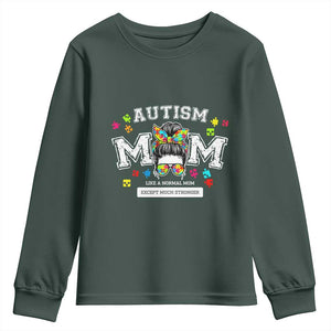 Autism Mom Youth Sweatshirt Much Stronger Messy Bun ASD Autism Awareness TS10 Dark Forest Green Print Your Wear