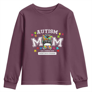 Autism Mom Youth Sweatshirt Much Stronger Messy Bun ASD Autism Awareness TS10 Maroon Print Your Wear
