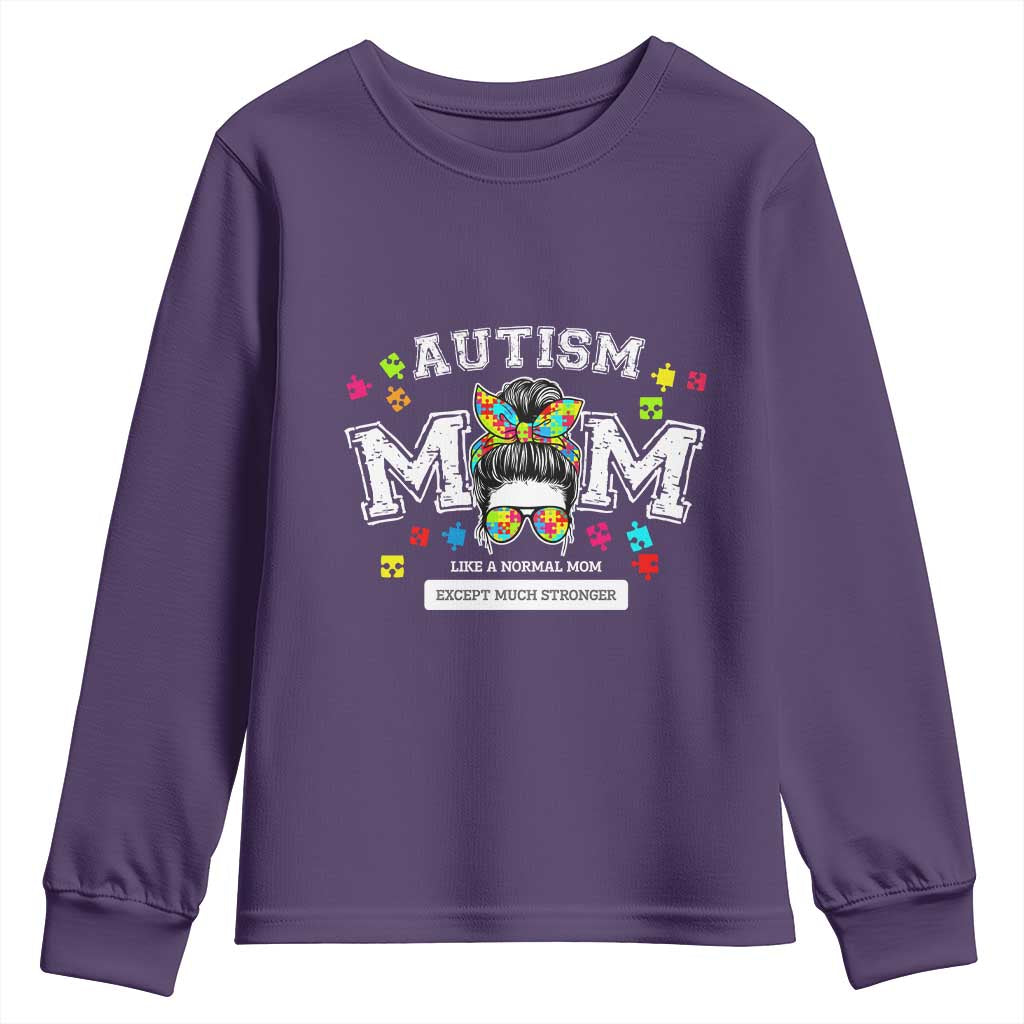 Autism Mom Youth Sweatshirt Much Stronger Messy Bun ASD Autism Awareness TS10 Purple Print Your Wear