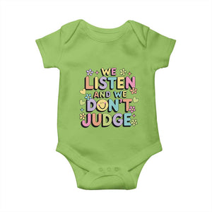 We Listen and We Dont Judge Baby Onesie Funny Social Media Influencer TS10 Lime Print Your Wear