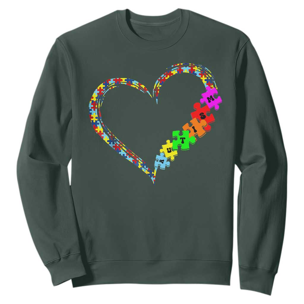 Autism Awareness Love Heart Puzzle Piece Sweatshirt TS10 Dark Forest Green Print Your Wear