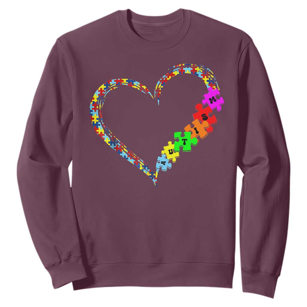 Autism Awareness Love Heart Puzzle Piece Sweatshirt TS10 Maroon Print Your Wear