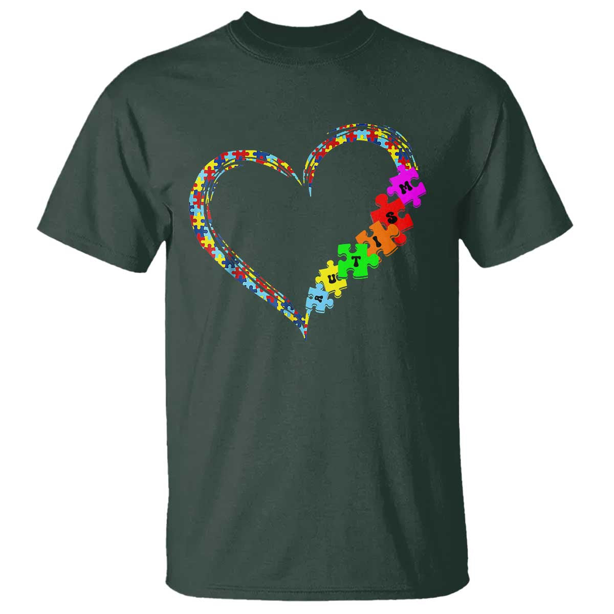 Autism Awareness Love Heart Puzzle Piece T Shirt TS10 Dark Forest Green Print Your Wear