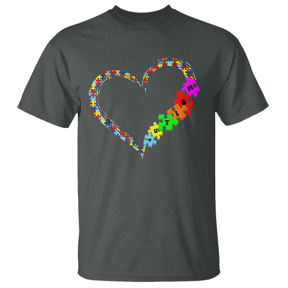 Autism Awareness Love Heart Puzzle Piece T Shirt TS10 Dark Heather Print Your Wear