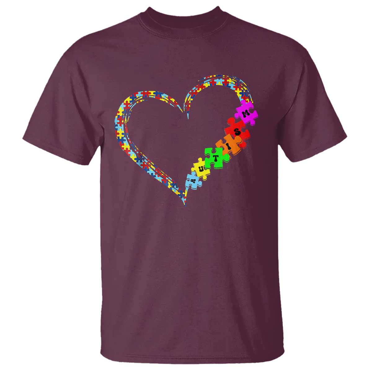 Autism Awareness Love Heart Puzzle Piece T Shirt TS10 Maroon Print Your Wear