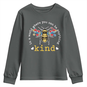 Autism Awareness Youth Sweatshirt In A World Where You Can Be Anything Bee Kind Puzzle Pieces TS10 Dark Heather Print Your Wear