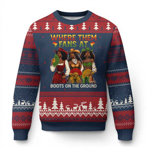 Where Them Fans At Boots On The Ground Ugly Christmas Sweater Black African American Cowgirl Western Country Rodeo TS10 Navy Red Print Your Wear