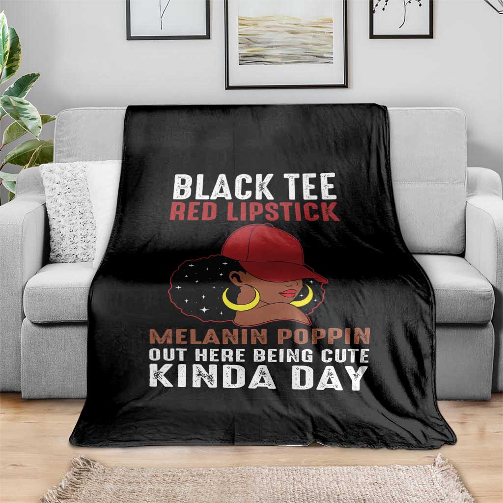 Funny African American Afro Queen Throw Blanket Black Tee Red Lipstick Melanin Poppin Out Here Being Cute TS10 Print Your Wear