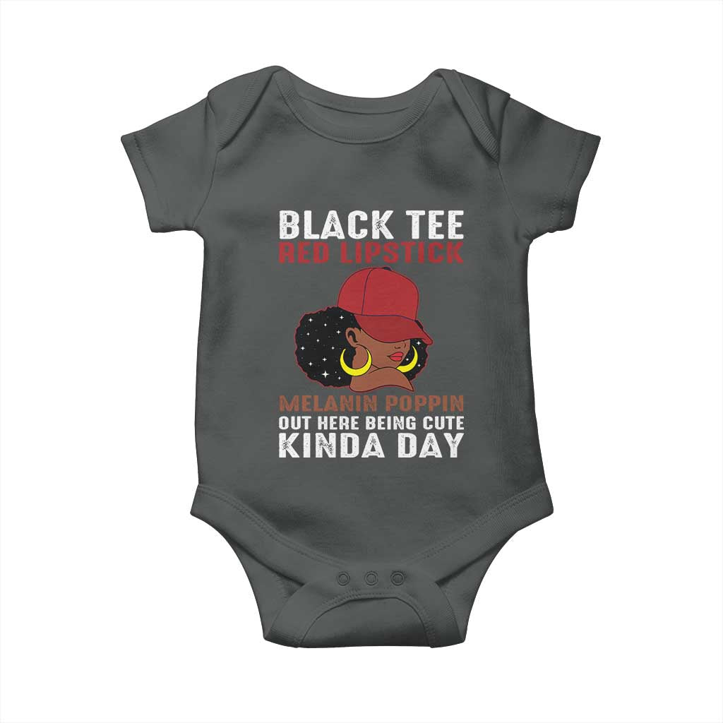 Funny African American Afro Queen Baby Onesie Black Tee Red Lipstick Melanin Poppin Out Here Being Cute TS10 Dark Heather Print Your Wear