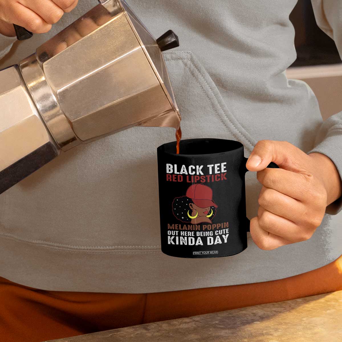 Funny African American Afro Queen Coffee Mug Black Tee Red Lipstick Melanin Poppin Out Here Being Cute TS10 Print Your Wear