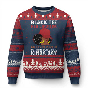 Funny African American Afro Queen Ugly Christmas Sweater Black Tee Red Lipstick Melanin Poppin Out Here Being Cute TS10 Navy Red Print Your Wear