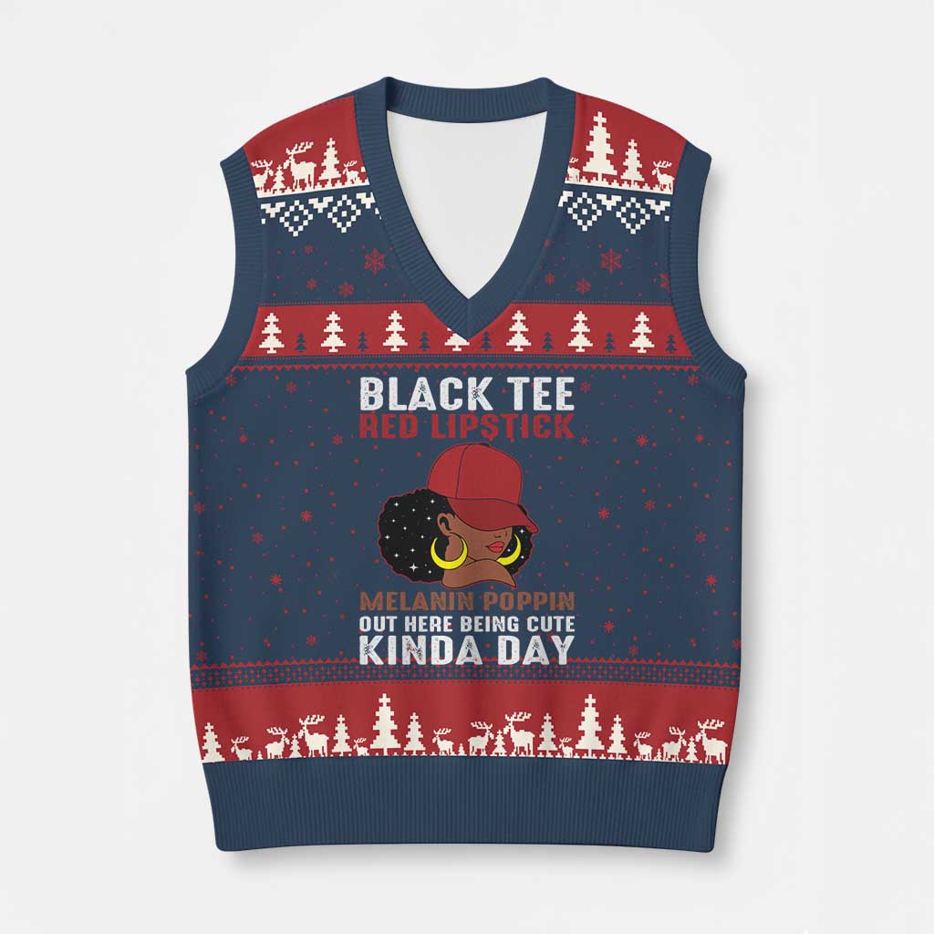 Funny African American Afro Queen V-Neck Knit Sweater Vest Black Tee Red Lipstick Melanin Poppin Out Here Being Cute TS10 Navy Red Print Your Wear