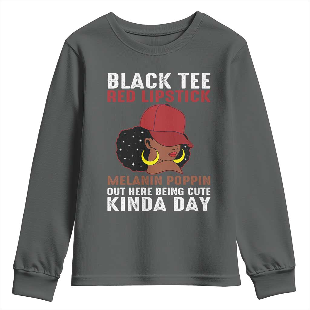 Funny African American Afro Queen Youth Sweatshirt Black Tee Red Lipstick Melanin Poppin Out Here Being Cute TS10 Dark Heather Print Your Wear
