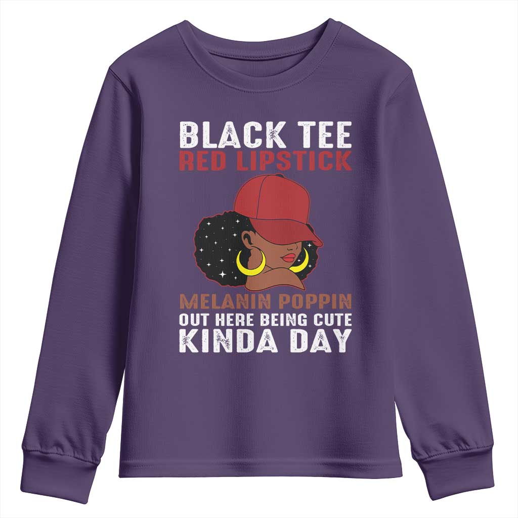 Funny African American Afro Queen Youth Sweatshirt Black Tee Red Lipstick Melanin Poppin Out Here Being Cute TS10 Purple Print Your Wear