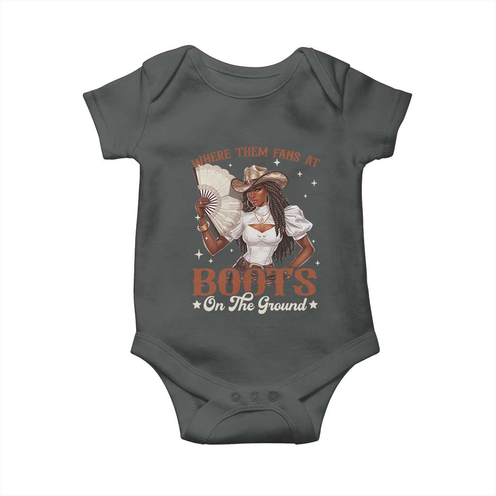 Black Cowgirl Baby Onesie Where Them Fans At Boots On The Ground TS10 Dark Heather Print Your Wear