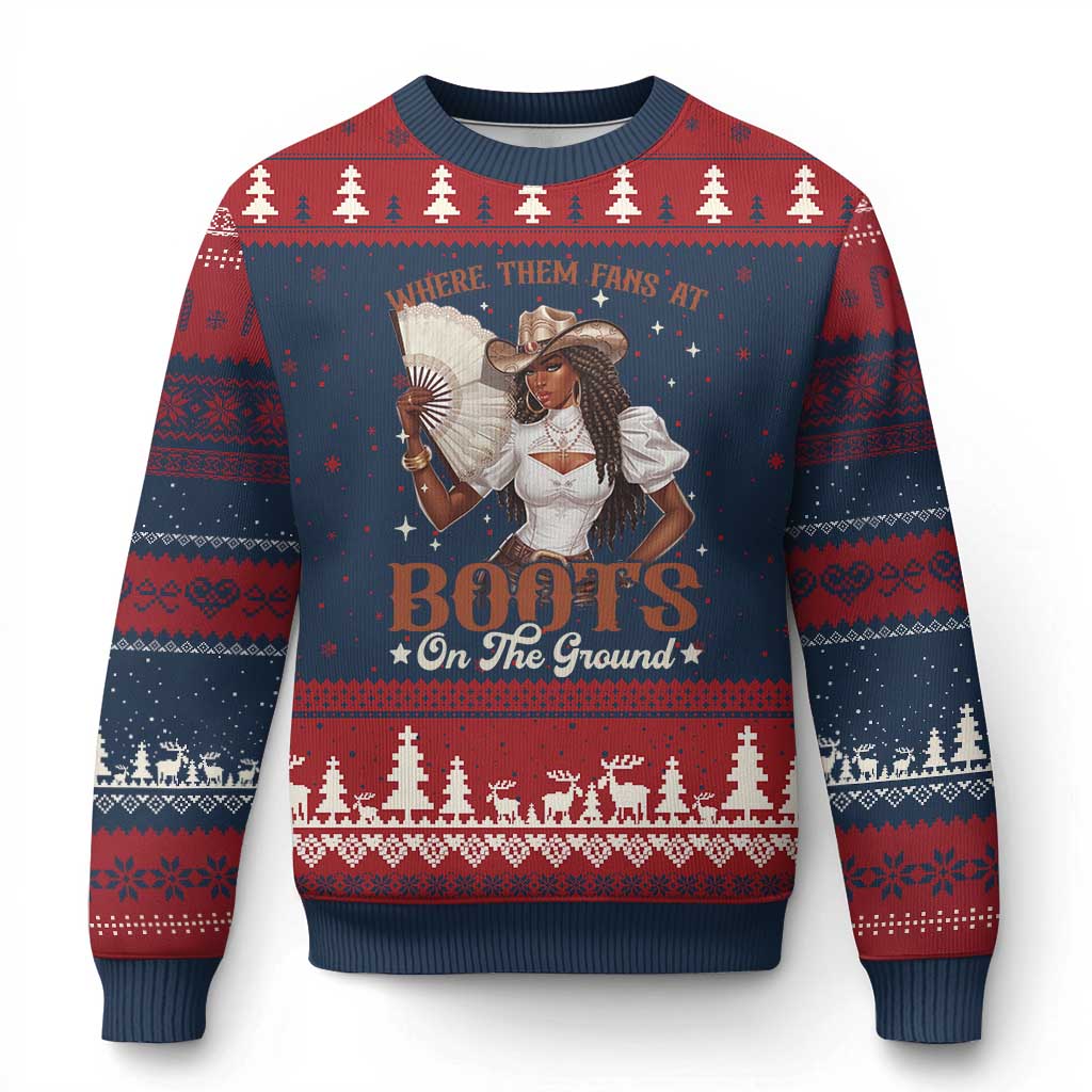 Black Cowgirl Ugly Christmas Sweater Where Them Fans At Boots On The Ground TS10 Navy Red Print Your Wear