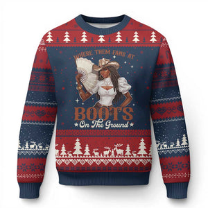 Black Cowgirl Ugly Christmas Sweater Where Them Fans At Boots On The Ground TS10 Navy Red Print Your Wear