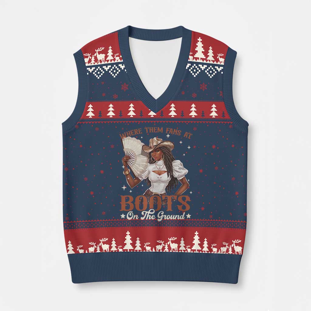 Black Cowgirl V-Neck Knit Sweater Vest Where Them Fans At Boots On The Ground TS10 Navy Red Print Your Wear