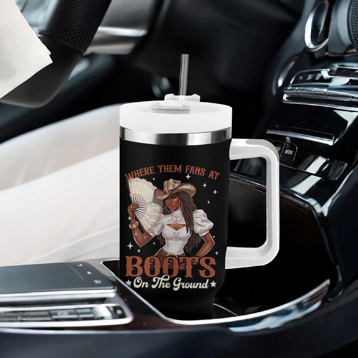 Black Cowgirl Tumbler With Handle Where Them Fans At Boots On The Ground TS10 Print Your Wear