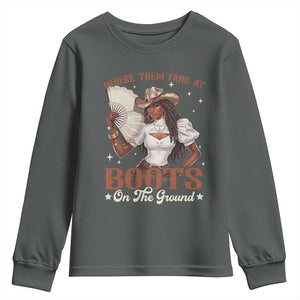 Black Cowgirl Youth Sweatshirt Where Them Fans At Boots On The Ground TS10 Dark Heather Print Your Wear