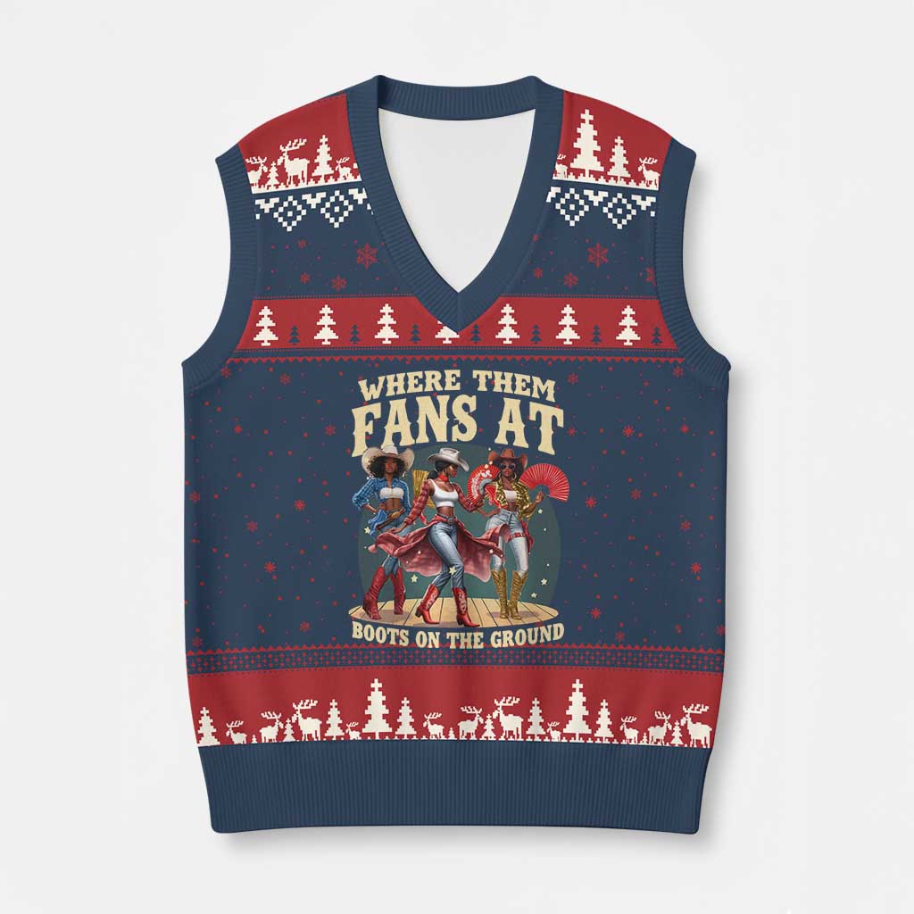 Where Them Fans At Boots On The Ground Black Cowgirl V-Neck Knit Sweater Vest TS10 Navy Red Print Your Wear