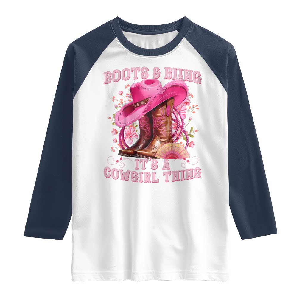 Boots and Bling Its A Cowgirl Thing Western Cowgirl Raglan Shirt TS10 White Navy Print Your Wear