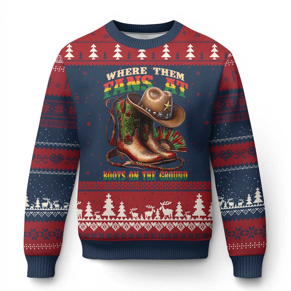 Where Them Fans At Boots On The Ground Ugly Christmas Sweater Black Cowgirl Western Pride TS10 Navy Red Print Your Wear