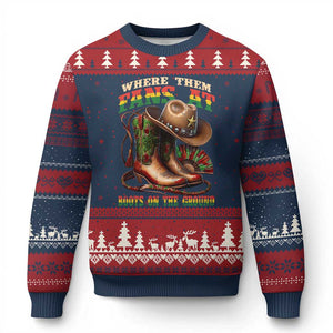 Where Them Fans At Boots On The Ground Ugly Christmas Sweater Black Cowgirl Western Pride TS10 Navy Red Print Your Wear