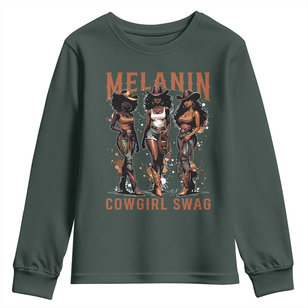 Melanin Cowgirl Swag Youth Sweatshirt Black Women Western Pride TS10 Dark Forest Green Print Your Wear