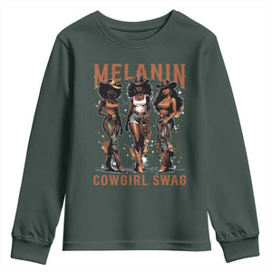 Melanin Cowgirl Swag Youth Sweatshirt Black Women Western Pride TS10 Dark Forest Green Print Your Wear