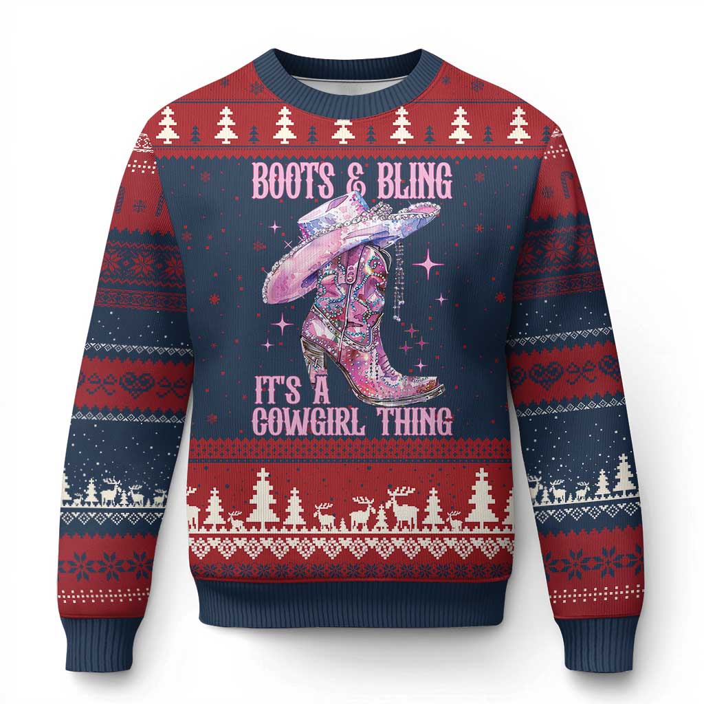 Boots and Bling Its A Cowgirl Thing Ugly Christmas Sweater TS10 Navy Red Print Your Wear