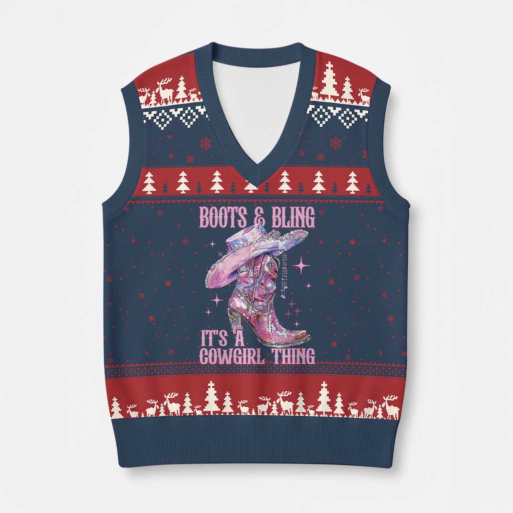 Boots and Bling Its A Cowgirl Thing V-Neck Knit Sweater Vest TS10 Navy Red Print Your Wear