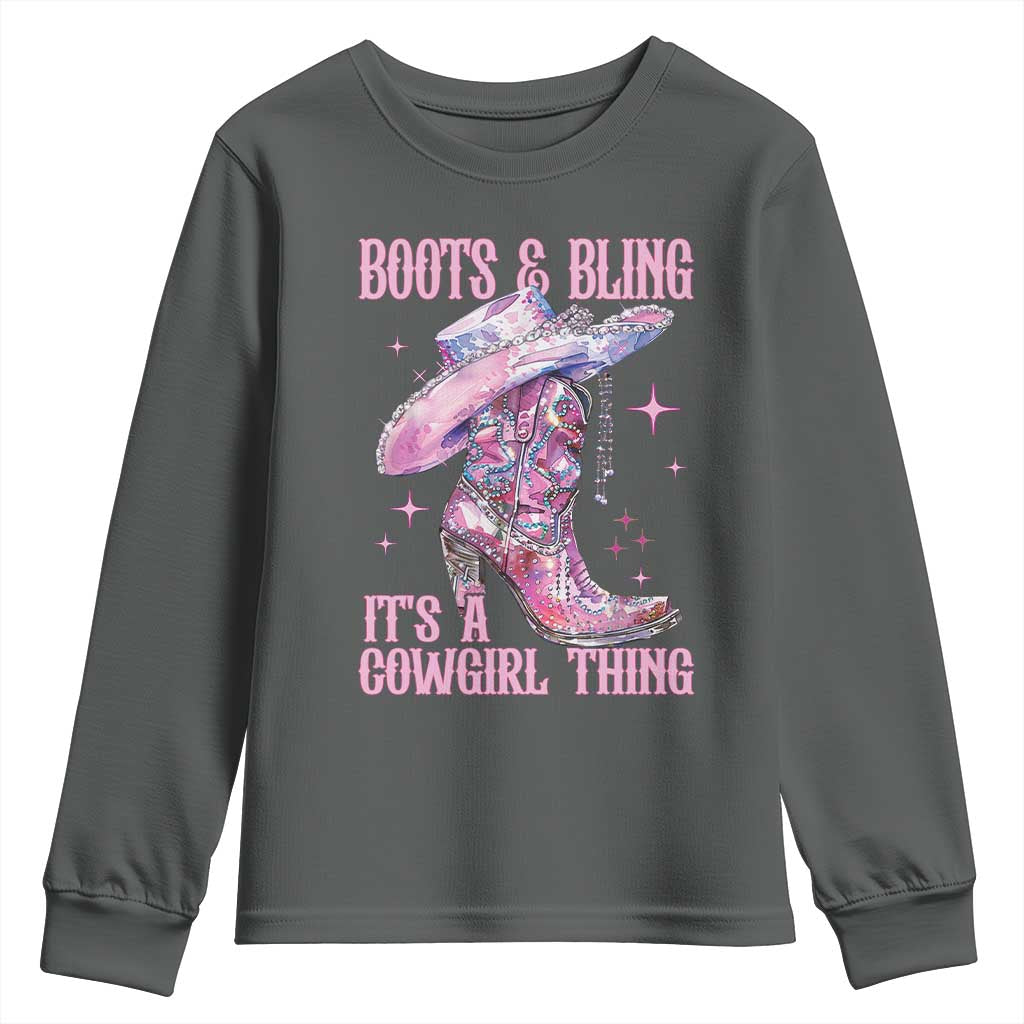 Boots and Bling Its A Cowgirl Thing Youth Sweatshirt TS10 Dark Heather Print Your Wear