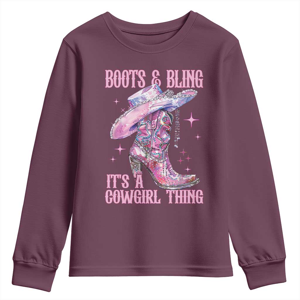 Boots and Bling Its A Cowgirl Thing Youth Sweatshirt TS10 Maroon Print Your Wear