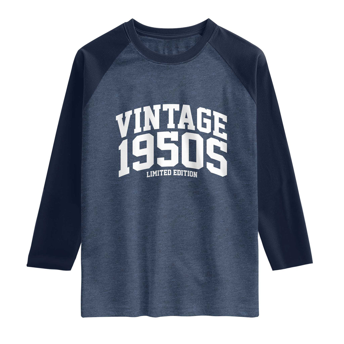 Vintage 1950s Limited Edition Raglan Shirt Vintage Varsity Funny Cool 1950 Theme TS10 Heather Denim Navy Print Your Wear